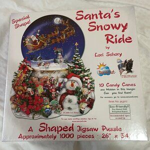 NIB Santa's Snowy Ride 1000 Pc Jigsaw Puzzle Christmas Snow Globe Shaped 26"x34"